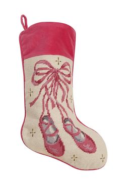 a red and white stocking with pink shoes on it