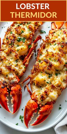 lobsters on a white plate with the title lobster thermidor written above it