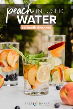 peach infused water with blueberries and lemons