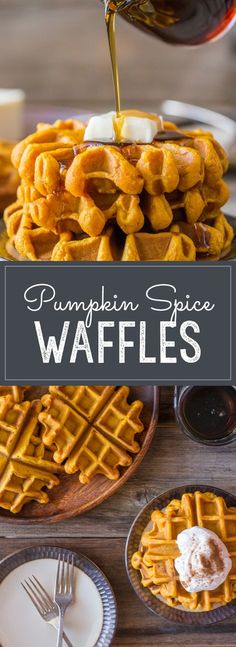 pumpkin spice waffles with whipped cream on top and the words, pumpkin spice waffles