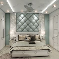 a bedroom with a large bed in the middle of it and lots of lights on the ceiling