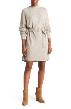 STITCHDROP Dresden Ribbed Trim Belted Sweater Dress | Nordstromrack Belted Sweater, Shoulder Design, Dresden, Curator Style, Drop Shoulder, Casual Dress, Sweater Dress, High Neck Dress, Shirt Dress