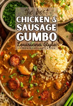 the best chicken and sausage gumbo with rice in a bowl