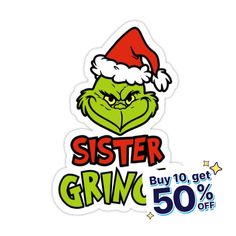 the grin face sticker is shown in red and green with santa's hat