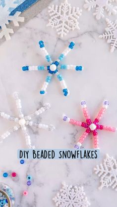 beaded snowflakes with text overlay that says diy bead snowflakes