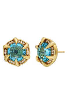 Fancy prong-set stud earrings handcrafted from 18-karat gold offer luxurious sparkle with rose-cut semiprecious stones hugged by dainty diamond halos. Post back Total amethyst weight: 8.0ct. Total blue topaz weight: 7.8ct. Total diamond weight: 0.25ct. Color: G Clarity: VS 18k gold/amethyst or blue topaz/diamond Imported Diamond Guide Halo Stud Earrings, Bony Levy, Halo Earrings Studs, Diamond Guide, Diamond Halo, Halo Diamond, Rose Cut, Prong Setting, Blue Topaz