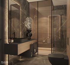 a modern bathroom with marble walls and flooring