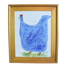 a painting of a blue bird with white dots on it