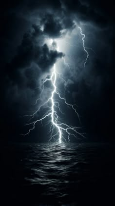 a lightning storm over the ocean with dark clouds