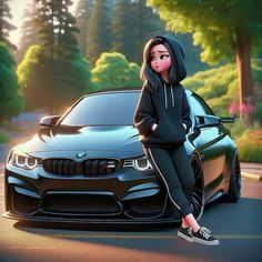 a woman sitting on the hood of a car in front of a black sports car