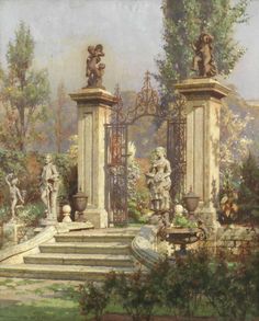 a painting of some statues in a garden