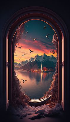 an open window with birds flying in the sky over water and mountains at night time