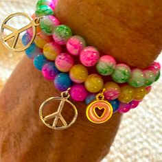 New Super Cute Set Of Three Bright Boho Festival Peace And Heart Bracelets Approximate 6 Stretch Trendy Multicolor Charm Bracelet, Casual Pink Beaded Bracelets For Festivals, Pink Beaded Bracelets For Spring Festival, Spring Festival Pink Beaded Bracelets, Playful Adjustable Multicolor Charm Bracelet, Pink Casual Stretch Bracelet For Spring, Fun Adjustable Pink Charm Bracelet, Adjustable Pink Charm Bracelet Fun Style, Cute Multicolor Beaded Bracelets For Valentine's Day