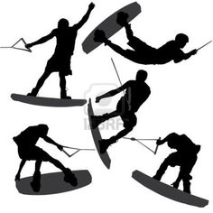 the silhouettes of people on surfboards are shown in different positions and shapes,