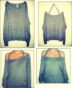 four pictures of different styles of sweaters and one with cutouts on the shoulders