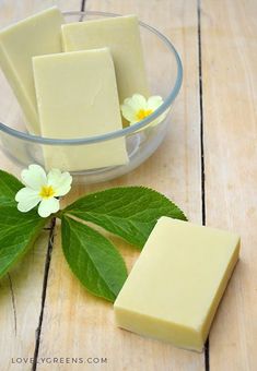 a bowl of soap next to some green leaves