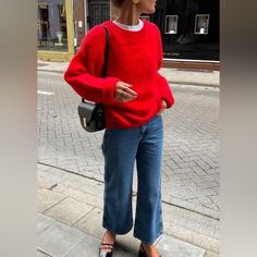 Never Worn Red 2024 Fashion, Red Sweater Blue Jeans Outfit, Fall Fashion Thrift, Red Sweater Fall Outfit, What To Wear With Red Sweater, Red Crew Neck Winter Outerwear, Red Crew Neck Outerwear For Winter, Trendy Red Sweater For Fall, Casual Red Winter Sweater