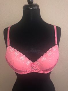 Dainty flower design bra features underwire, light padding and a light lace accent. Double closure in back. Padded Lace Underwire Bra, Spring Underwire Bra With Padded Cups, Pink Push-up Bra With Lace Closure, Pink Underwire Nursing Bra With Built-in Support, Spring Padded Underwire Bra, Pink Nursing Bra With Built-in Underwire, Pink Lace Push-up Bra, Pink Padded Underwire Bra, Fitted Pink Padded Nursing Bra