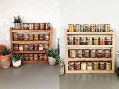 two shelves filled with jars and plants next to each other