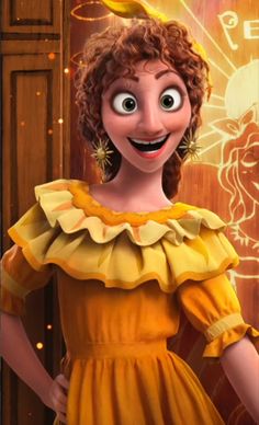 an animated character in a yellow dress with big eyes and curly hair, smiling at the camera