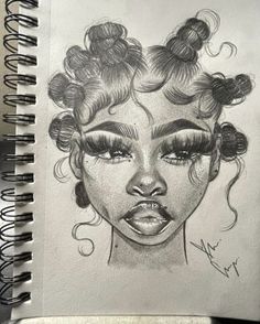 a pencil drawing of a woman's face with curly hair and eyeshades