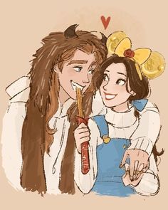 a drawing of two people dressed as alice and the princess with long hair, one holding a toothbrush