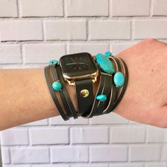 Turquoise Lovers Rejoice NEW DESIGN Apple watch bands that are as unique as you are and customized to fit your lifestyle. Love your Apple Watch but want more style than the sport band? Turn your Apple Watch into a bracelet Show your Apple Watch some love and dress it up in a completely unique and one of a kind style with this super cute strap/band attachment with Gold adjustable snap closure, and included adapters (All Series of Apple Watches Available). This is a great band for everyday wear th Apple Watch Cuff, Tech Jewelry, Smart Jewelry, Natural Turquoise Stone, Apple Watches, Cuff Watch, Great Bands, Natural Turquoise, Multi Strand