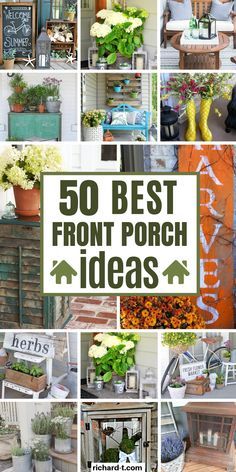 the cover of 50 front porch ideas with pictures of potted plants and other things