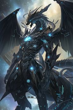 a futuristic dragon with glowing eyes and wings