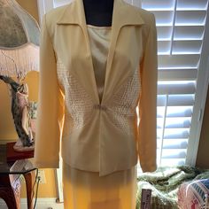 Yellow Three Piece Skirt Suit. Side Zip Cami. Back Zip Skirt With Elastic Elegant Two-piece Stretch Set, Elegant Two-piece Formal Skirt, Elegant Two-piece Skirt, Spring Formal Two-piece Skirt Suit, Formal Two-piece Spring Skirt, Formal Fitted Skirt, Yellow Two Piece, Skirt And Jacket, Women Skirt