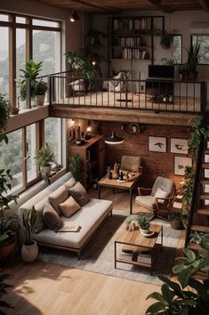 a living room filled with lots of furniture and plants on top of the windowsill