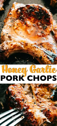 grilled pork chops with honey garlic sauce on top and the words honey garlic pork chops above it