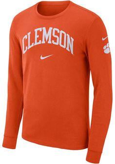 Show off your team pride in this Clemson Tigers Orange Sznl Long Sleeve T Shirt! This Clemson Long Sleeve Tee features a team name and Nike swoosh on center chest. Make sure everyone knows you root for the Tigers with this Orange Clemson T Shirt. Go Tigers! Collegiate Spring Tops With Ribbed Cuffs, Spring Collegiate Tops With Ribbed Cuffs, Collegiate Style Top With Ribbed Cuffs For Spring, Cotton Top With Ribbed Cuffs For Team Spirit, Collegiate Cotton Tops With Ribbed Cuffs, Cotton Tops With Ribbed Cuffs For Sports Season, Clemson Sweatshirt, Clemson Football, Nike Crew Neck