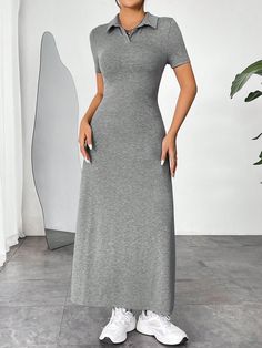 Grey Casual Collar Short Sleeve Knitted Fabric Plain A Line Embellished Slight Stretch  Women Clothing Long Maxi, Women Dresses, Long Maxi Dress, Dress P, Women Clothing, Knitted Fabric, A Line, Maxi Dress, Knitting