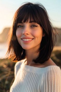 Straight Lob With Fringe, Lob With Fringe Straight Hair, Classic Timeless Haircuts, Bangs Straight Fine Hair, Short Brown Hair With Bangs Straight, Straight Lob Haircut With Bangs, Lob With Full Bangs, Long Bob With Straight Bangs, Long Bob Hairstyles For Fine Hair With Bangs