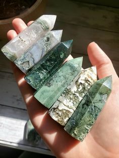 High quality moss agate towers in a variety of shades and styles Each point stands around 2.5 inches tall You pick! Crystal Ceramics, Moss Agate Aesthetic, Crystal Room Decor, Fairy Grunge Aesthetic, Agate Art, Agate Rocks, Crystal Healing Chart