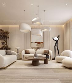 a living room filled with white furniture and lamps