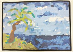 a painting of a palm tree with blue sky and clouds in the background is made out of pieces of paper