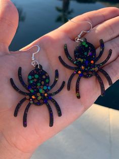 Black Glitter Spider Earrings Handmade Big Holographic Resin - Etsy Handmade Black Plastic Jewelry, Black Plastic Jewelry Gift, Fun Black Jewelry For Halloween, Fun Black Halloween Jewelry, Fun Halloween Earrings For Gifts, Fun Halloween Earrings Gift, Handmade Spooky Earrings For Gift, Cute Black Resin Jewelry, Fun Halloween Gift Earrings