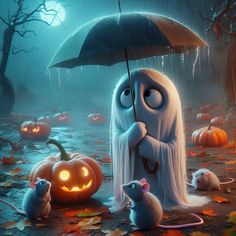 an animated halloween scene with a ghost and two mice under an umbrella in the rain