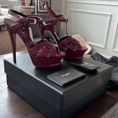 Saint Laurent Interwoven Leather Sandal. 4.1" Covered Stiletto Heel; 1.2" Platform; 3.1" Equiv. Tapered Straps Band Open Toe. T-Strap Adjustable Ankle Strap. Leather Lining And Sole. Size 37.5 Comes With Box, 2 Dust Bags, Authenticity Card And 2 Additional Heel Caps Luxury Red Sandals With 4-inch Heel, Designer Ankle Strap Heels With Red Sole, Designer High Heel Sandals With Red Sole, Designer Cocktail Sandals With 4-inch Heel, Designer Open Heel Heels With Red Sole, Designer Closed Toe Sandals With 4-inch Heel, Designer Closed Toe Heels With Heel Strap, Saint Laurent Tribute Sandal, Heel Caps