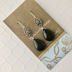 Black And Silver Earrings, Semi Precious Earrings, Black Agate Stone, Earrings Teardrop, Agate Earrings, Filigree Earrings, Long Dangle Earrings, Sterling Silver Filigree, Black Agate