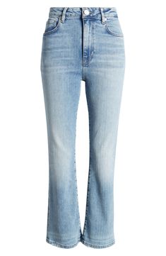 A contoured waist balances the cropped, slightly flared cut of superstretchy jeans finished with lightly distressed hems. 26" inseam; 17" leg opening; 11" front rise; 13 1/2" back rise (size 29) Zip fly with button closure Five-pocket style 77% cotton, 18% modal, 4% elasterell-p, 1% elastane Machine wash, dry flat Made in Turkey Cropped Flares, Fabric Gift Bags, Nordstrom Store, Fabric Gifts, Free Fabric, Anniversary Sale, Bootcut Jeans, Nordstrom, Best Deals