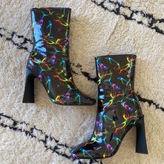 Funky Square Toe Boots In Multi Color Design. Patent Black. Never Been Worn. Discounted Spring Mid-calf Boots For Night Out, Casual Ankle Boots For Party, Multicolor High Heel Boots For Spring, Multicolor High Heels For Fall, Black Mid-calf Boots For Spring Party, Trendy Square Toe Boots For Party, Trendy Square Toe Party Boots, Spring Ankle-high Heeled Boots For Night Out, Fall Party Mid-calf Boots With Reinforced Heel