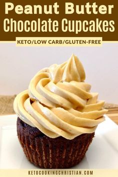 a chocolate cupcake with peanut butter frosting on top and the words, keto / low carb / gluten - free