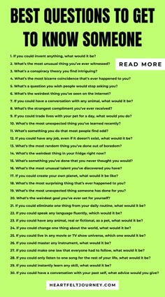 a green poster with the words best questions to get to know someone read more on it