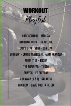 a poster with the words workout playlist written in black and white, on top of a