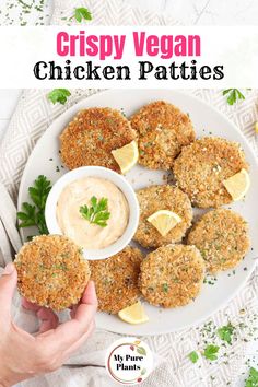 crispy vegan chicken patties on a plate with dipping sauce