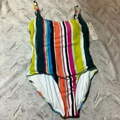 Brand New With Tags Anne Cole Clearwater Striped One Piece Swimsuit Nylon And Spandex With Lining Removeable Padded Cups Laying Flat Bust Measures Approx 12 1/2-18 Inches Across Unstretched To Stretched This Has Loose Stitching At The Top In The Back Please See Close Up Photo Inventory Reference #103 Multicolor Spring One-piece Swimwear, Multicolor Stretch Swimwear, Multicolor Stretch Elastane Swimwear, Stretch Multicolor Elastane Swimwear, Multicolor Lined One-piece For Swimming, Striped Stretch Bodysuit For Swimming, Stretch Striped Bodysuit For Swimming, Striped Stretch Bodysuit For Beach Season, Striped Stretch Summer Bodysuit