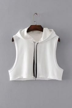 Sleeveless Drawstring Loose Hooded Crop Top Short Hoodie Stretch Cotton Hoodie Tops, Trendy Cotton Hooded Top, Trendy Hooded Cotton Tops, White Drawstring Crew Neck Top, White Crew Neck Top With Drawstring, Casual Workout Tops With Drawstring Hood, Trendy Hooded Tops For Leisure, Trendy Cotton Top With Drawstring Hood, Stretch Hoodie With Drawstring